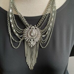 VINTAGE~MULTI~CHAIN~METAL~ADJUSTABLE ~CLEAR~PRONG~SET~RHINESTONE~NECKLACE